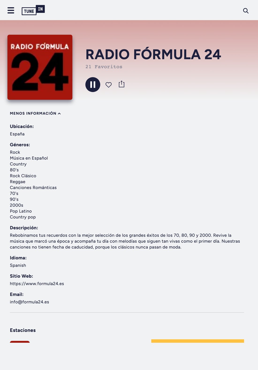 Radio Fórmula 24 en TuneIn en un iPad