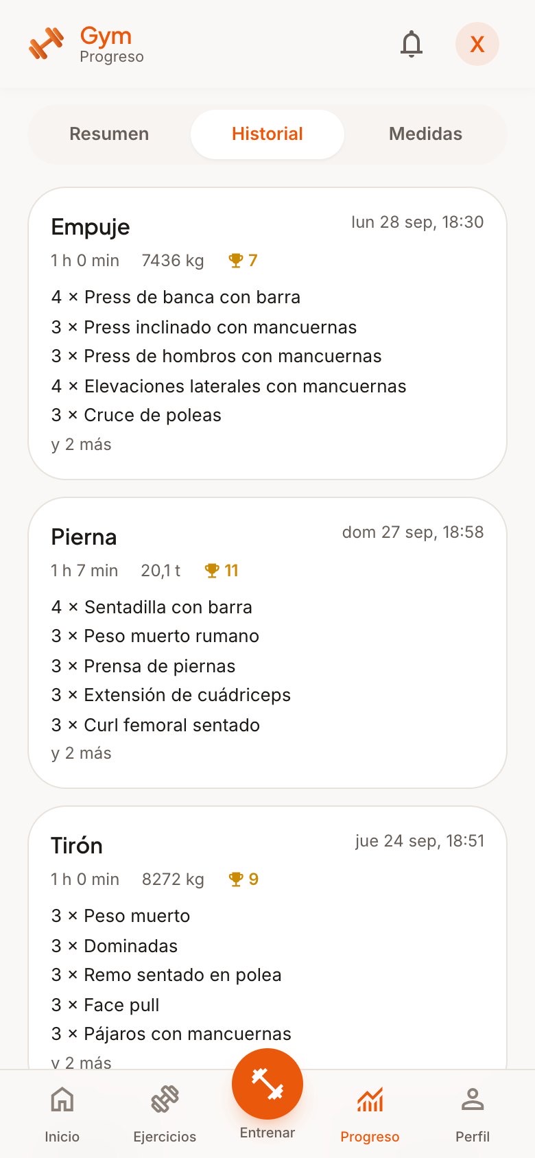 Historial de entrenos