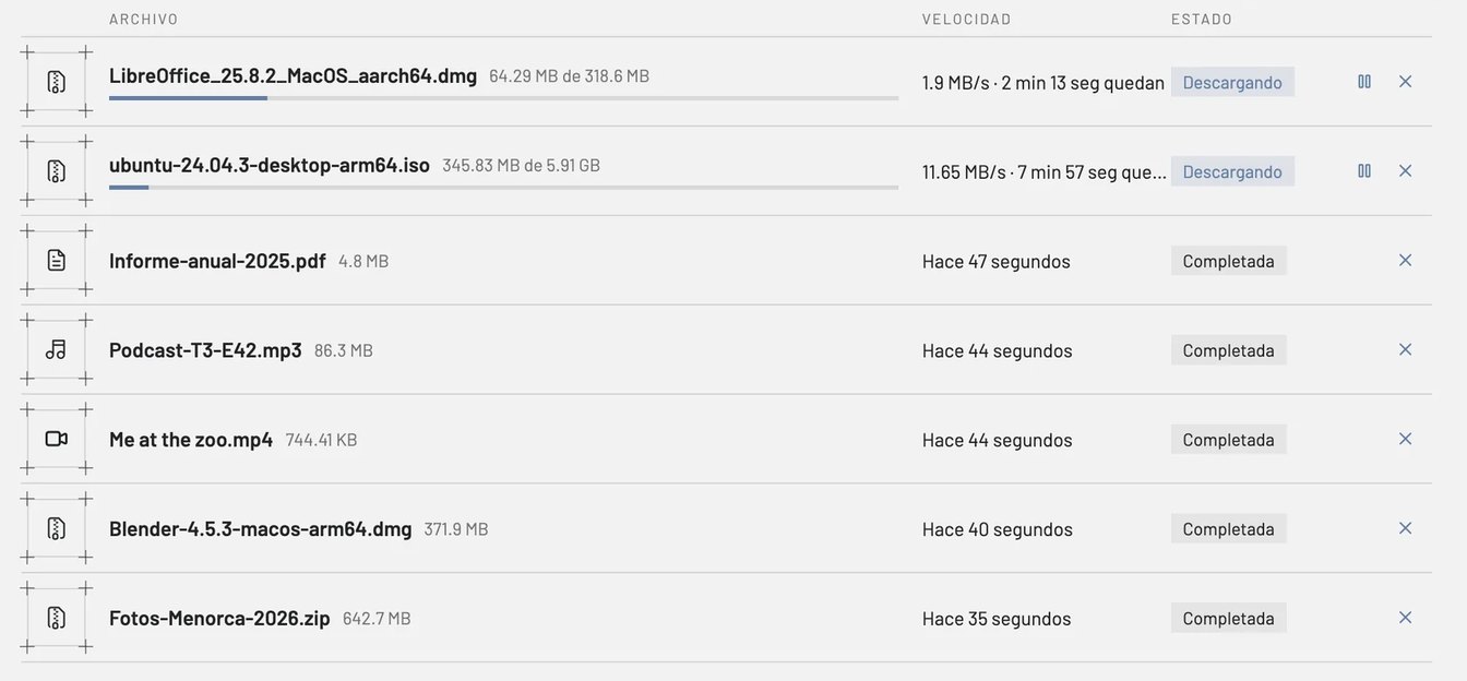 Llista de descàrregues amb dues en curs i cinc completades