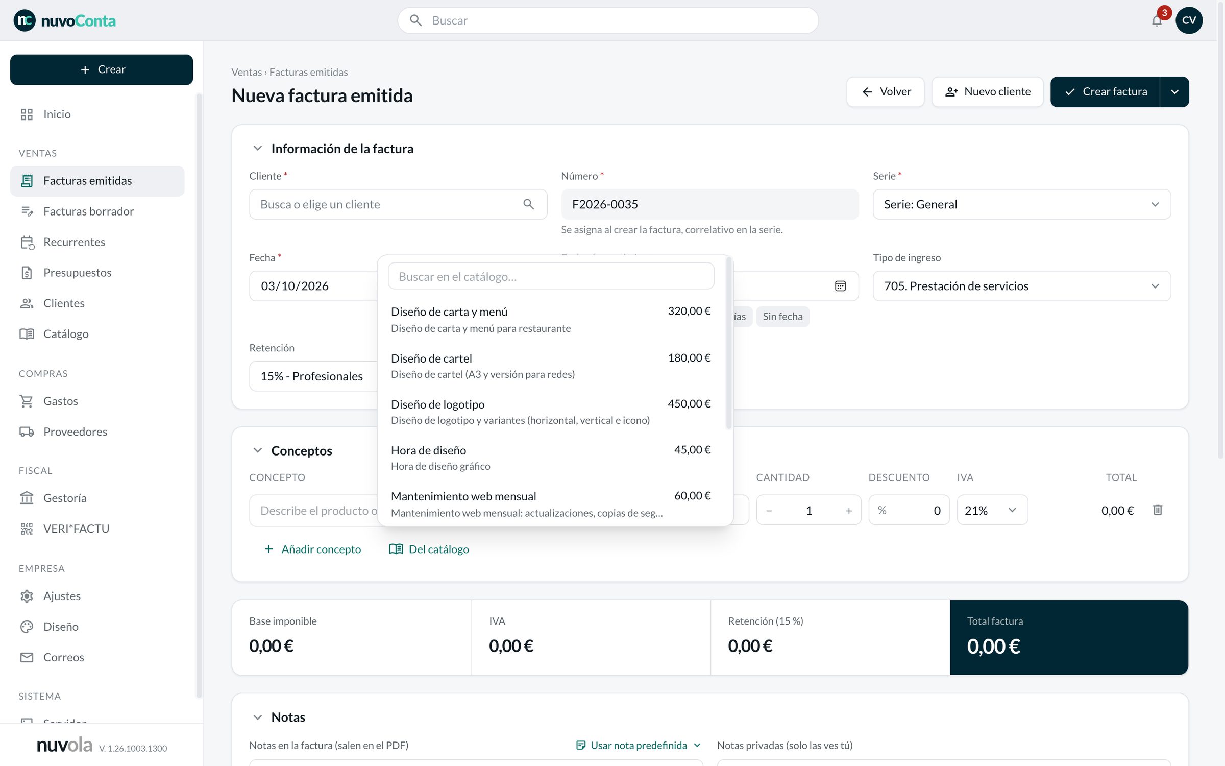 Editor de factura con el catálogo de servicios