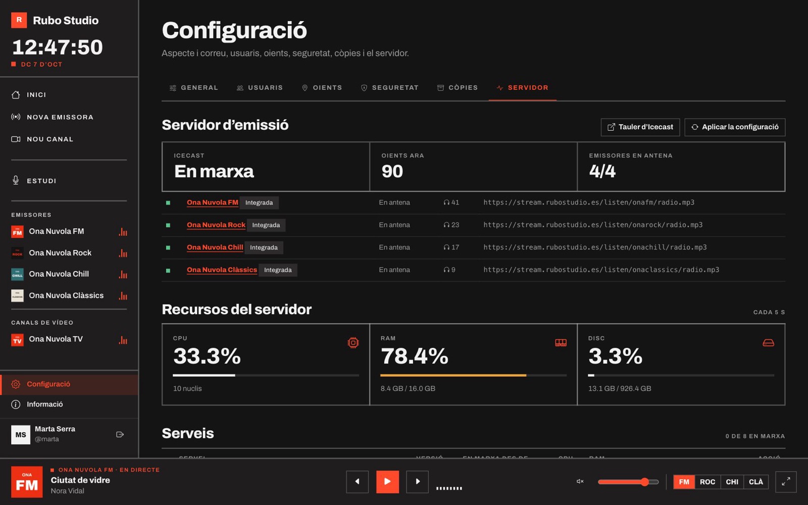 L’estat del servidor en temps real
