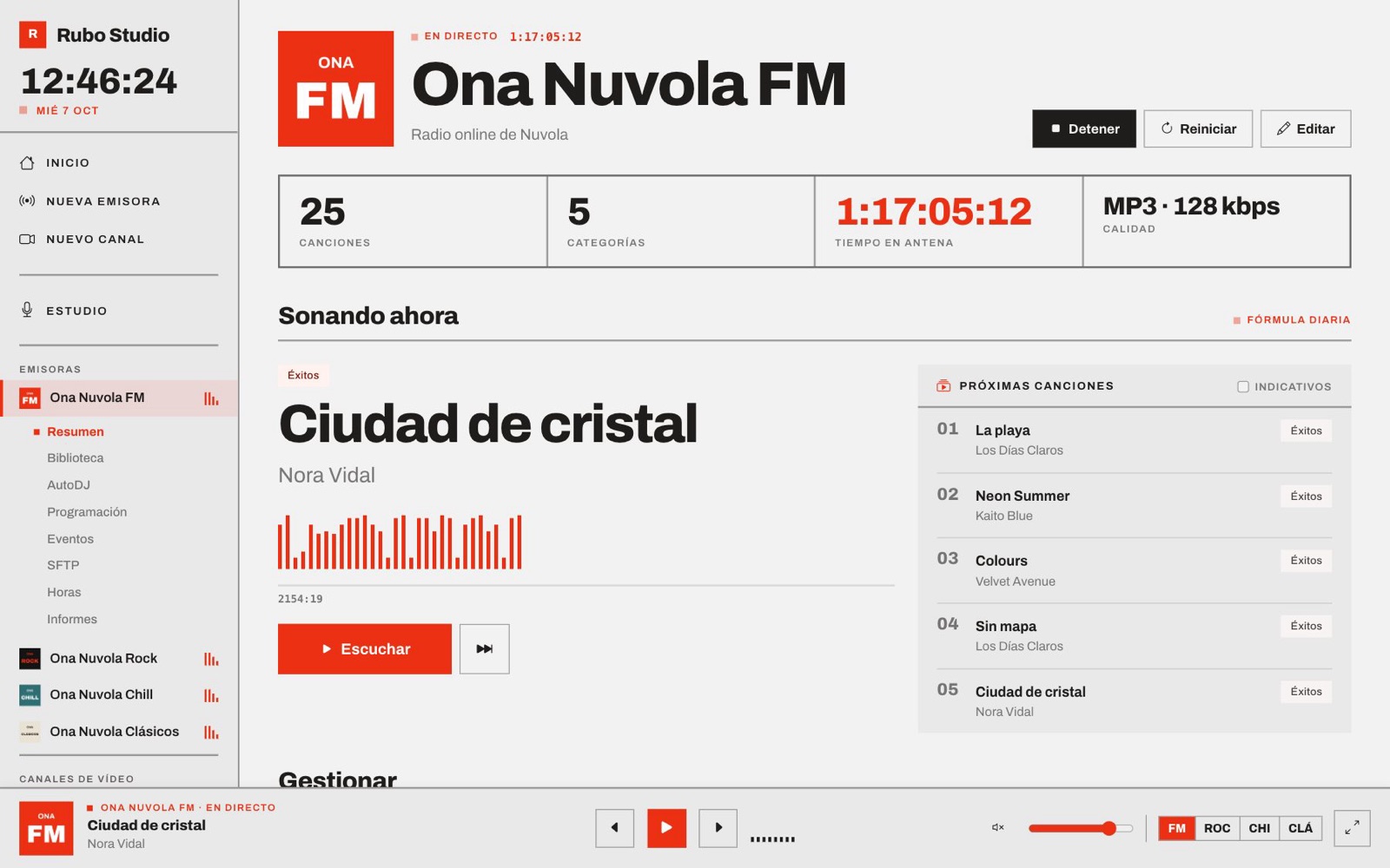 Ficha de una emisora en directo en el panel de Rubo Studio