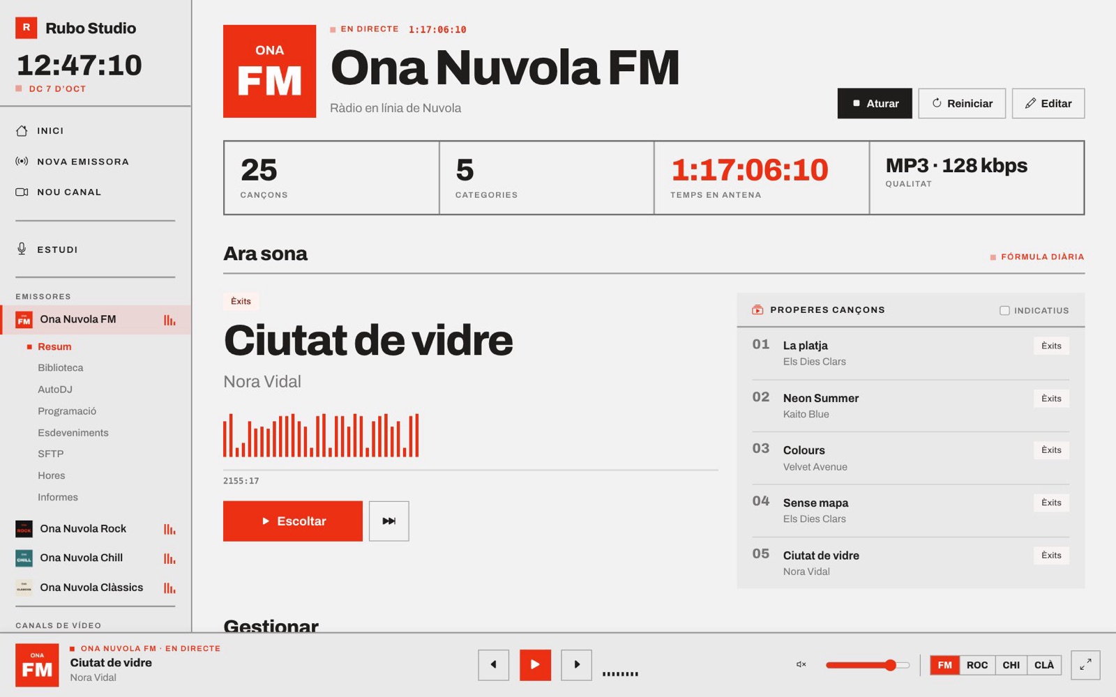 Fitxa d’una emissora en directe al tauler de Rubo Studio