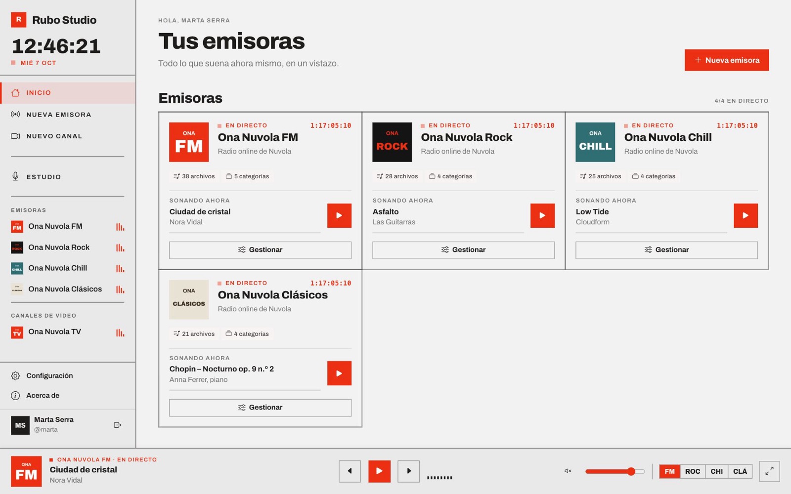Inicio del panel con las emisoras y canales en directo